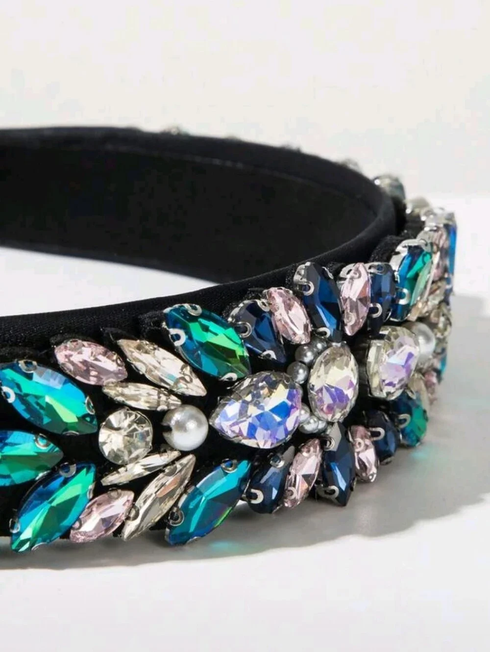 Baroque Embellished Black Headband with Green & Blue Crystal Accents